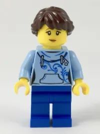 LEGO Female, Dark Brown Hair with Long Braid, Bright Light Blue Hoodie, Blue Legs (Ludo Blue) minifigure