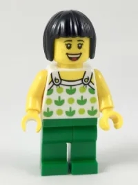 LEGO Female, Black Short Hair, White Top with Green Apples and Lime Dots, Green Legs (Ludo Green) minifigure