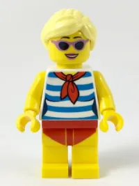 LEGO Female with Blond Hair, Medium Lavender Sunglasses, Red Scarf, Blue Striped Shirt, Red Swimsuit (Ludo Yellow) minifigure