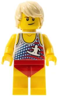 LEGO Male with Tan Hair, Tank Top with White Surfer Logo, Red Swimsuit (Ludo Yellow) minifigure