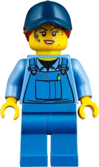 LEGO Mechanic Female with Dark Blue Cap, Dark Orange Ponytail, Medium Blue Shirt and Blue Overalls, No Back Print minifigure