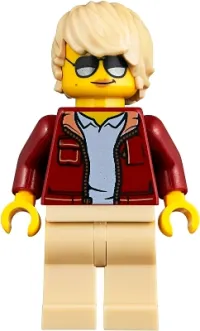 LEGO Woman, Dark Red Jacket with Bright Light Blue Shirt, Tan Legs, Tan Tousled Hair, Sunglasses minifigure