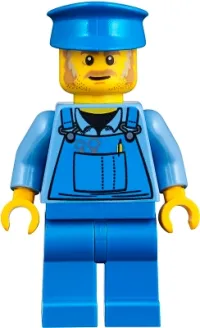 LEGO Mechanic Male with Blue Hat, Dark Tan Moustache and Sideburns, Medium Blue Shirt, and Blue Overalls, No Back Print minifigure