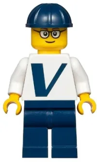 LEGO Male with Vestas Logo on Torso, Dark Blue Legs, Dark Blue Construction Helmet, Glasses minifigure