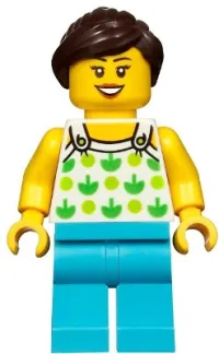 LEGO Female, White Top with Green Apples and Lime Dots, Medium Azure Legs, Dark Brown Ponytail and Swept Sideways Fringe minifigure