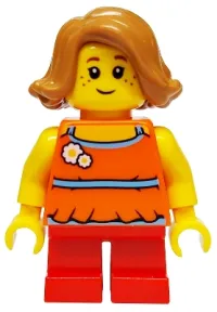 LEGO Child Girl with Medium Nougat Short Swept Sideways Hair and Red Short Legs, Covered Back minifigure