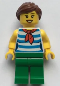 LEGO Female with Reddish Brown Ponytail and Swept Sideways Fringe Hair, Red Scarf, Blue Striped Shirt and Green Pants minifigure