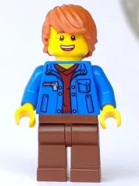 LEGO Male with Blue Jacket over Dark Red V-Neck Sweater and Reddish Brown Legs minifigure