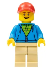 LEGO Man, Dark Azure Hoodie with Green Striped Shirt, Tan Legs, Red Cap minifigure