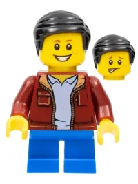 LEGO Child Boy, Dark Red Jacket with Bright Light Blue Shirt, Blue Short Legs, Dark Brown Smooth Hair minifigure