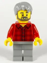 LEGO Male, Light Bluish Gray Hair, Dark Bluish Gray Beard, Red Flannel Shirt, Light Bluish Gray Legs minifigure