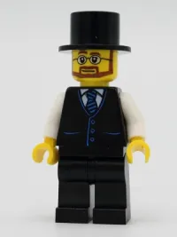 LEGO Haunted House Butler - Male, Black Vest with Blue Striped Tie, Black Legs, Black Top Hat, Glasses and Beard minifigure