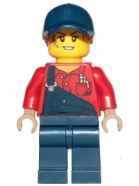 LEGO Female Mechanic with Dark Blue Overalls and Legs, Dark Orange Ponytail with Dark Blue Ball Cap minifigure