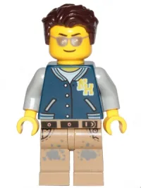 LEGO Male Driver with Dark Blue Jacket, Dark Tan Legs with Dark Bluish Gray Splotches, Dark Brown Hair minifigure
