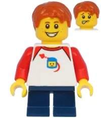 LEGO Boy with Classic Space Shirt with Red Sleeves, Dark Blue Short Legs, Dark Orange Hair minifigure