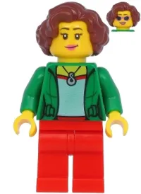 LEGO Female with Green Jacket, Red Legs, Reddish Brown Hair minifigure