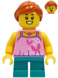 LEGO Tourist - Girl, Bright Pink Top with Butterflies and Flowers, Dark Turquoise Short Legs, Dark Orange Hair minifigure