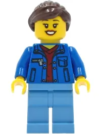LEGO Woman - Blue Jacket over Dark Red V-Neck Sweater, Medium Blue Legs, Dark Brown Hair minifigure