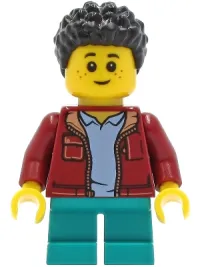LEGO Child Boy, Dark Red Jacket with Bright Light Blue Shirt, Dark Turquoise Short Legs, Black Short Coiled Hair minifigure