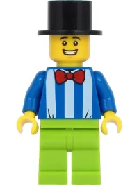 LEGO Fairground Worker - Male, White Stripes and Red Bow Tie, Lime Legs, Black Top Hat minifigure