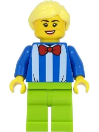 LEGO Fairground Worker - Female, White Stripes and Red Bow Tie, Lime Legs, Bright Light Yellow Hair minifigure