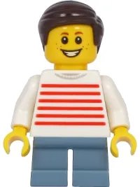 LEGO Boy - White Sweater with Red Horizontal Stripes, Sand Blue Short Legs, Dark Brown Hair minifigure