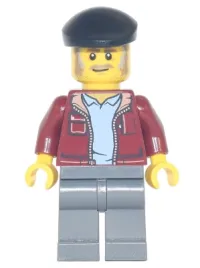 LEGO Man, Dark Red Jacket with Bright Light Blue Shirt, Dark Bluish Gray Legs, Black Beret, Moustache and Sideburns (Vintage Taxi Driver) minifigure