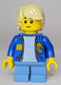 LEGO Child Boy, Blue Jacket with Bright Light Blue Shirt, Medium Blue Short Legs, Tan Tousled Hair minifigure