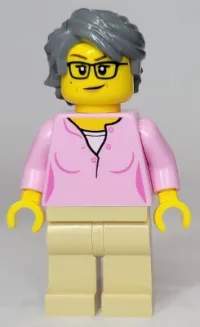 LEGO Woman, Bright Pink Shirt, Tan Legs, Dark Bluish Gray Swept Back Tousled Hair minifigure