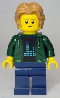 LEGO Man, Dark Green Hoodie with Bright Green Drawstrings, Dark Blue Legs, Medium Nougat Wavy Hair minifigure