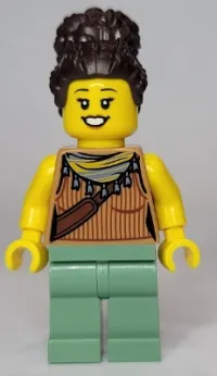 LEGO Woman, Medium Nougat Tank Top with Reddish Brown Ribbing and Should Bag, Sand Green Legs, Dark Brown Coiled Hair in High Bun minifigure