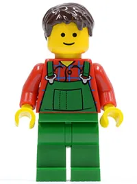 LEGO Overalls Farmer Green, Dark Brown Short Tousled Hair, Standard Grin minifigure