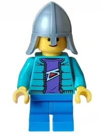 LEGO Child, Dark Turquoise Jacket, Dark Purple Shirt, Blue Medium Legs, Flat Silver Helmet minifigure