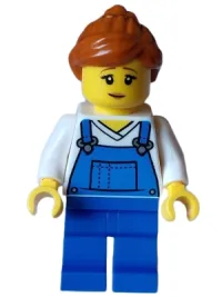 LEGO Mover - Female, Blue Overalls over V-Neck Shirt, Blue Legs, Dark Orange Ponytail minifigure