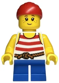 LEGO Child - Girl, Pirate Costume, White Tank Top with Red Stripes, Blue Short Legs, Red Bandana minifigure