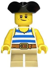 LEGO Child - Boy, Pirate Costume, White Tank Top with Blue Stripes, Tan Short Legs, Black Tricorne Hat minifigure