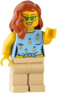 LEGO Land Rover Classic Defender Driver - Female, Bright Light Blue Knotted Top with Pineapples, Tan Legs, Dark Orange Hair, Green Glasses minifigure