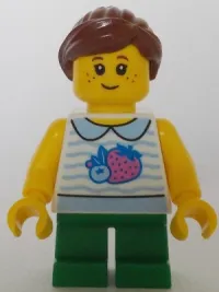 LEGO Girl - White Fruit Shirt, Green Short Legs, Reddish Brown Hair, Freckles minifigure