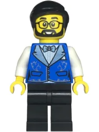 LEGO Hotel Receptionist - Male, Blue Vest with Metallic Light Blue Lapels, Black Legs, Black Hair, Beard and Glasses minifigure