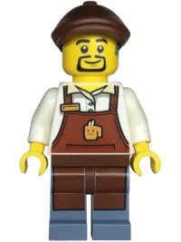 LEGO Barista - Male, Reddish Brown Apron with Cup and Name Tag, Sand Blue Legs, Reddish Brown Flat Cap, Hearing Aid minifigure
