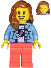 LEGO Record Store Clerk - Female, Bright Light Blue Denim Jacket, Coral Legs, Dark Orange Hair, Freckles minifigure