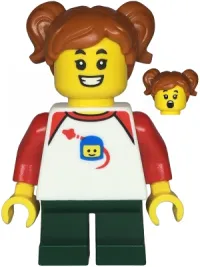 LEGO Child - Girl, White Classic Space Shirt with Red Sleeves, Dark Green Short Legs, Dark Orange Pigtails minifigure
