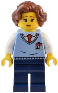 LEGO Natural History Museum Employee - Female, Bright Light Blue Sweater Vest with ID Badge, Dark Blue Legs, Reddish Brown Hair minifigure