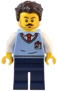 LEGO Natural History Museum Employee - Male, Bright Light Blue Sweater Vest with ID Badge, Dark Blue Legs, Dark Brown Tousled Hair minifigure