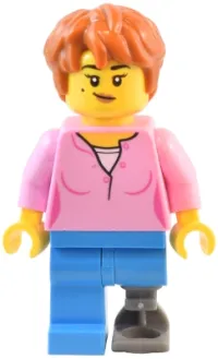 LEGO Natural History Museum Visitor - Female, Bright Pink Shirt, Dark Azure Legs with Prosthetic Leg, Dark Orange Thick Messy Hair minifigure