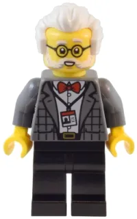 LEGO Natural History Museum Curator - Male, Dark Bluish Gray Plaid Jacket with Red Bow Tie, Black Legs, White Hair, Glasses minifigure