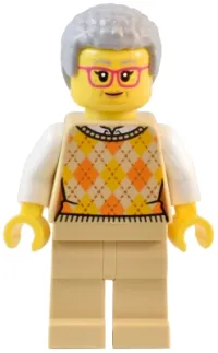 LEGO Natural History Museum Visitor - Female, Tan Knit Argyle Sweater Vest, Tan Legs, Light Bluish Gray Coiled Hair, Glasses minifigure