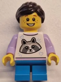 LEGO Child - Girl, White Top with Raccoon, Dark Azure Short Legs, Dark Brown Hair Ponytail, Freckles minifigure