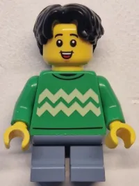LEGO Child - Boy, Bright Green Sweater with Bright Light Yellow Zigzag Lines, Sand Blue Short Legs, Black Hair Wavy, Freckles minifigure