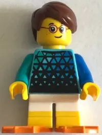 LEGO Child - Boy, Medium Azure Top with Triangles, White Short Legs with Yellow Feet, Reddish Brown Hair, Orange Flippers minifigure